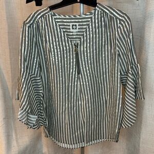 Anne Klein Gray and White Striped Zip-Front Blouse